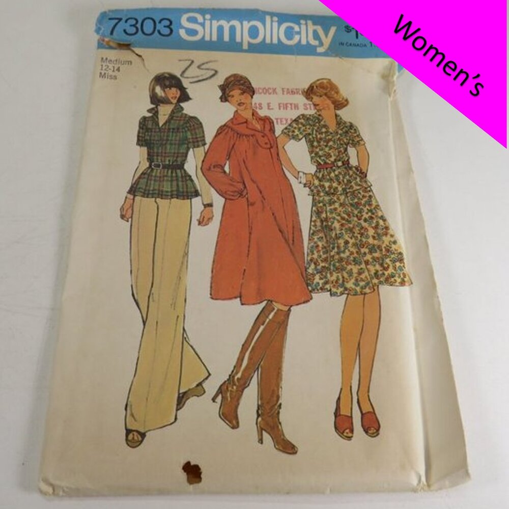 Simplicity 7303 Clothing Pattern Miss Med 12-14 Shirt, Dress, Skirt, Bell Bottom